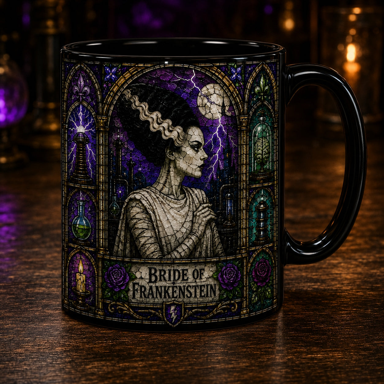 Bride Of Frankenstein Mug – Stained Glass Gothic Horror Queen Ceramic Coffee Cup