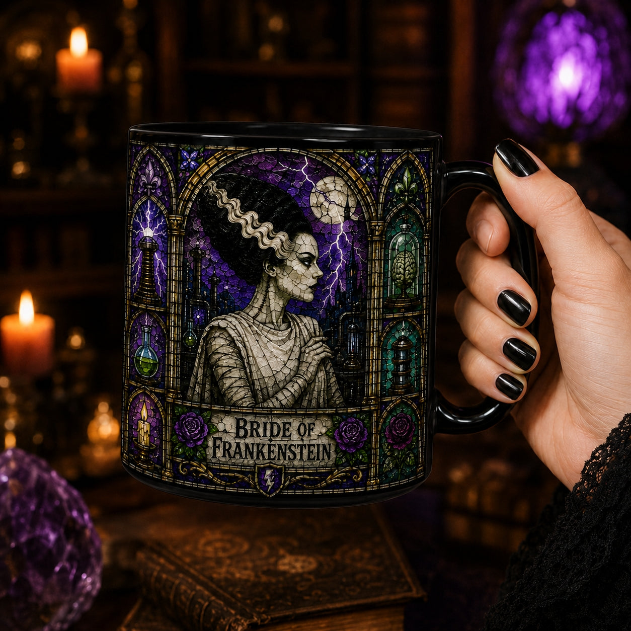 Bride Of Frankenstein Mug – Stained Glass Gothic Horror Queen Ceramic Coffee Cup