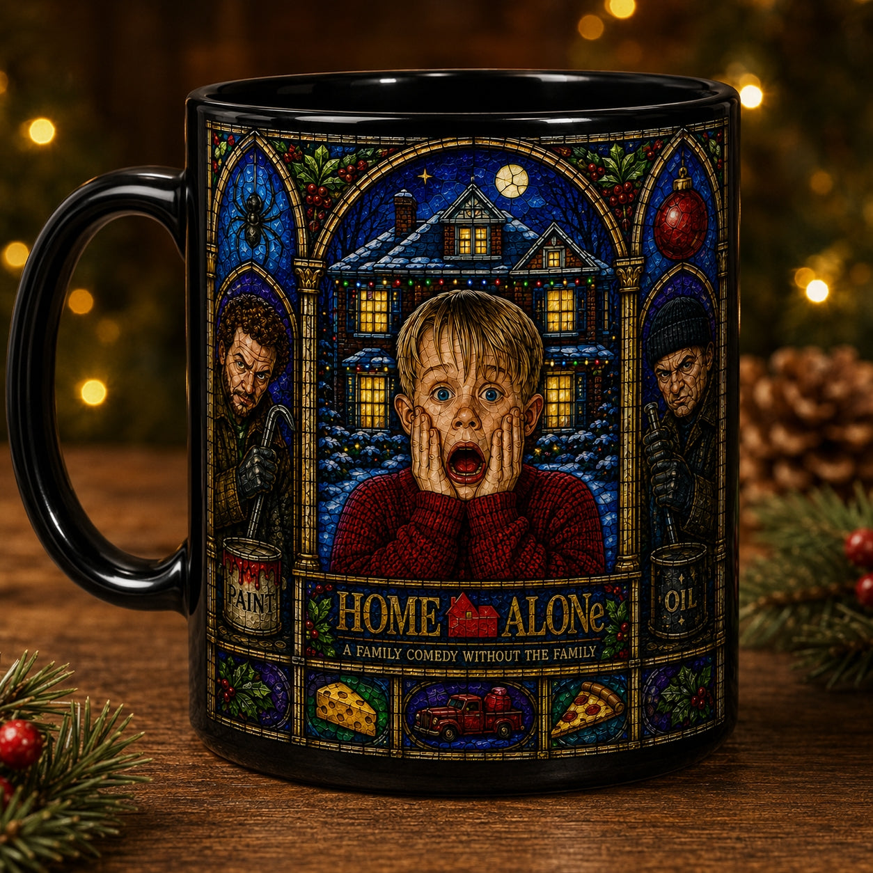 Home Alone Mug – Stained Glass Kevin McCallister Christmas Holiday Ceramic Coffee Cup