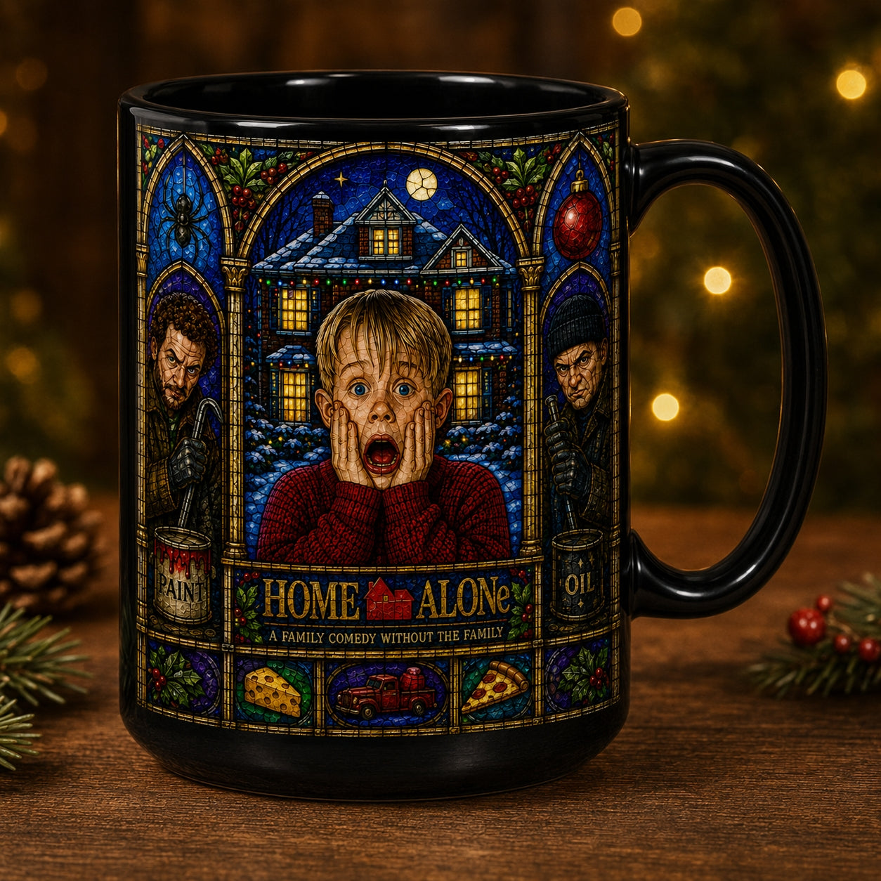 Home Alone Mug – Stained Glass Kevin McCallister Christmas Holiday Ceramic Coffee Cup