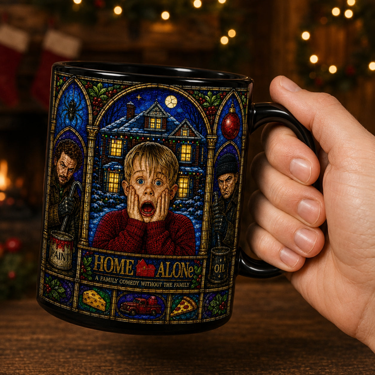 Home Alone Mug – Stained Glass Kevin McCallister Christmas Holiday Ceramic Coffee Cup