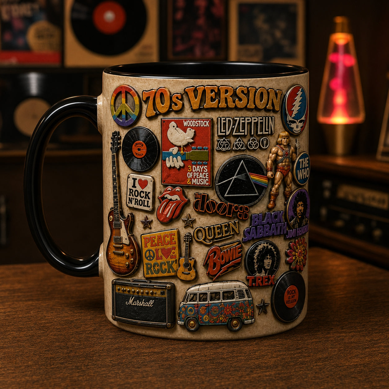 Classic Rock Pins Mug – Vintage Retro 70s Band Enamel Badge Ceramic Coffee Cup