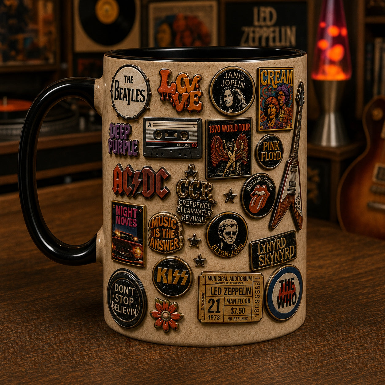 Classic Rock Pins Mug – Vintage Retro 70s Band Enamel Badge Ceramic Coffee Cup