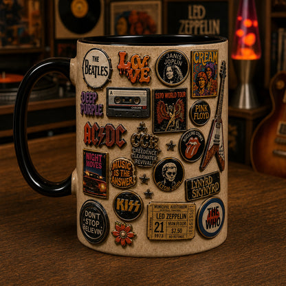 Classic Rock Pins Mug – Vintage Retro 70s Band Enamel Badge Ceramic Coffee Cup