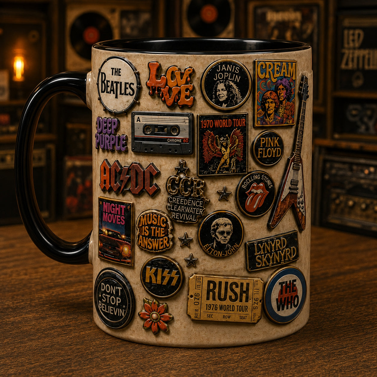 70s Version Classic Rock Pins Mug – Vintage Retro Band Enamel Badge Coffee Cup