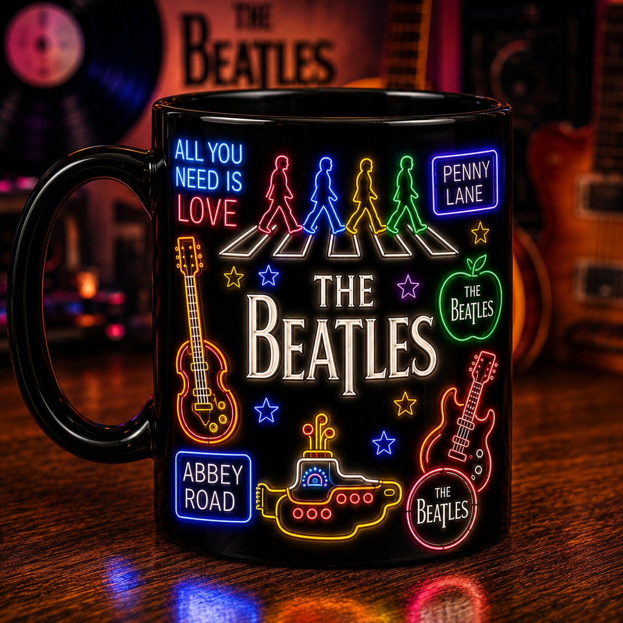 The Beatles Neon Sign Mug – Retro Glowing Songs Abbey Road Ceramic Coffee Cup