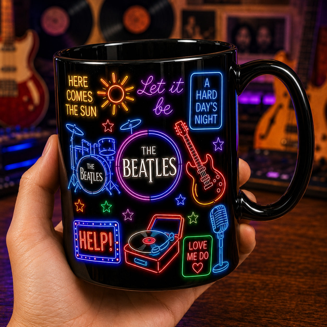 The Beatles Neon Sign Mug – Retro Glowing Songs Abbey Road Ceramic Coffee Cup