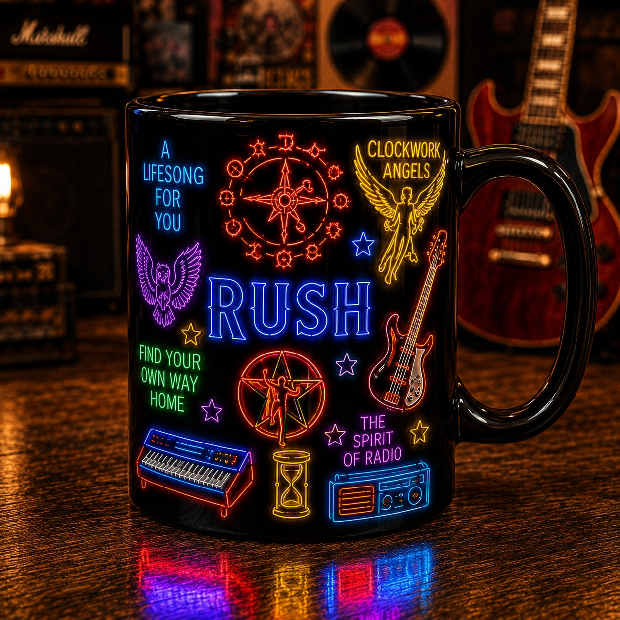 Rush Band Neon Sign Mug – Glowing Starman 2112 Prog Rock Ceramic Coffee Cup