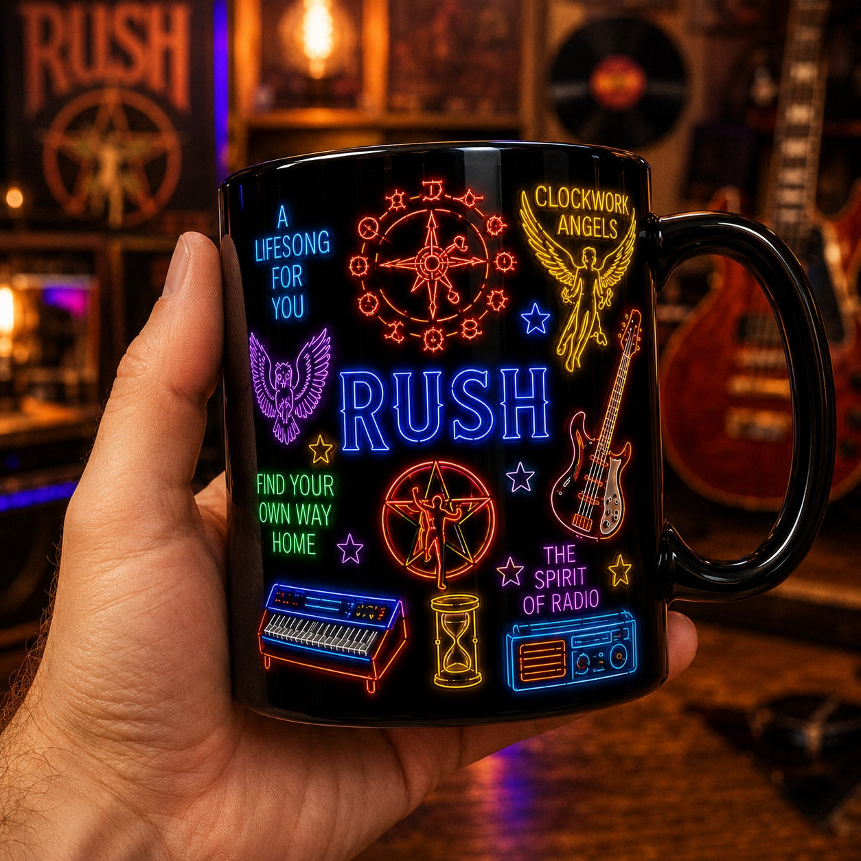 Rush Band Neon Sign Mug – Glowing Starman 2112 Prog Rock Ceramic Coffee Cup