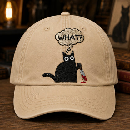 Funny Black Cat Embroidered Cap – “WHAT?” Knife Cat Hat, Cute Creepy Cat Baseball Cap, Dark Humor Halloween Gift