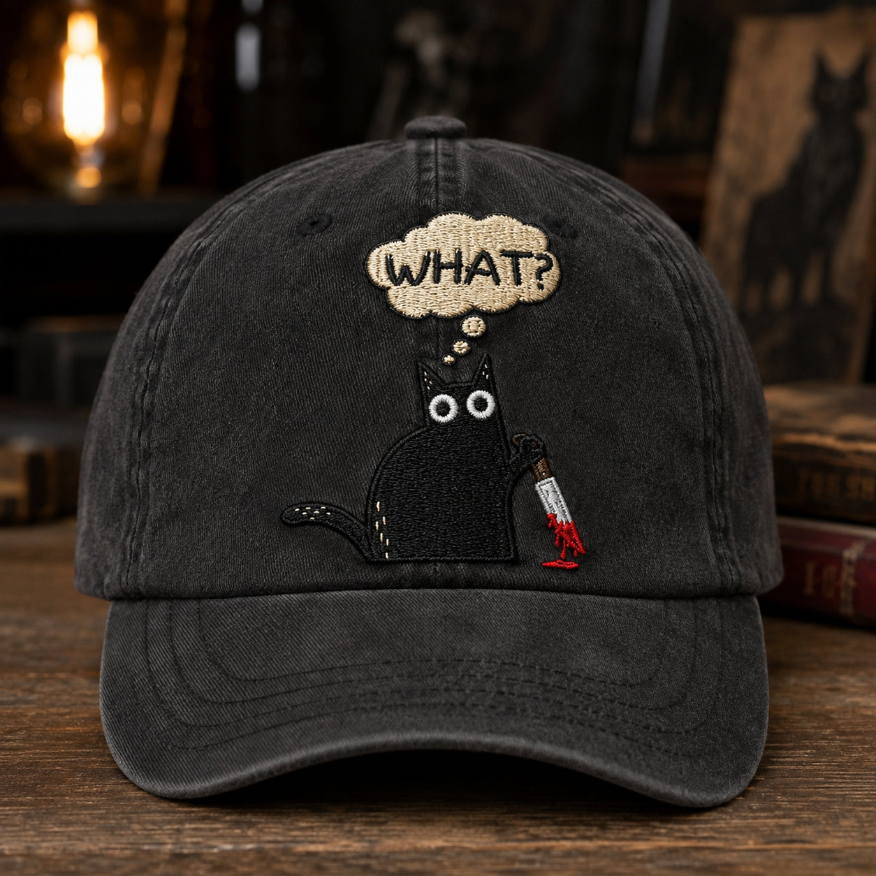 Funny Black Cat Embroidered Cap – “WHAT?” Knife Cat Hat, Cute Creepy Cat Baseball Cap, Dark Humor Halloween Gift