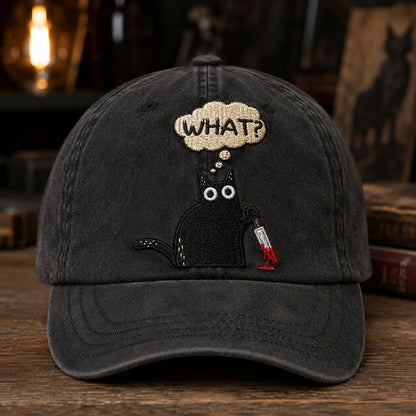 Funny Black Cat Embroidered Cap – “WHAT?” Knife Cat Hat, Cute Creepy Cat Baseball Cap, Dark Humor Halloween Gift