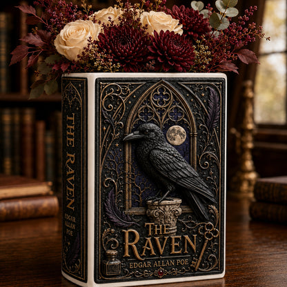 Edgar Allan Poe The Raven Ceramic Book Vase - Gothic Flower Pot & Bookshelf Decor