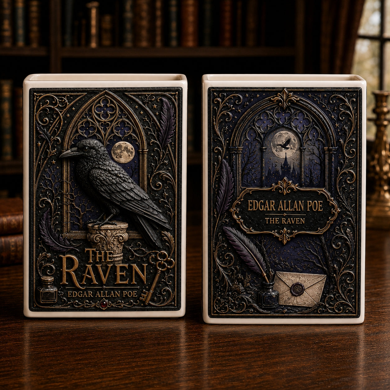 Edgar Allan Poe The Raven Ceramic Book Vase - Gothic Flower Pot & Bookshelf Decor