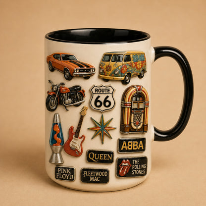 Retro Classic Rock & Nostalgia Ceramic Mug – Vintage Band Pins & Pop Culture Fan Gift