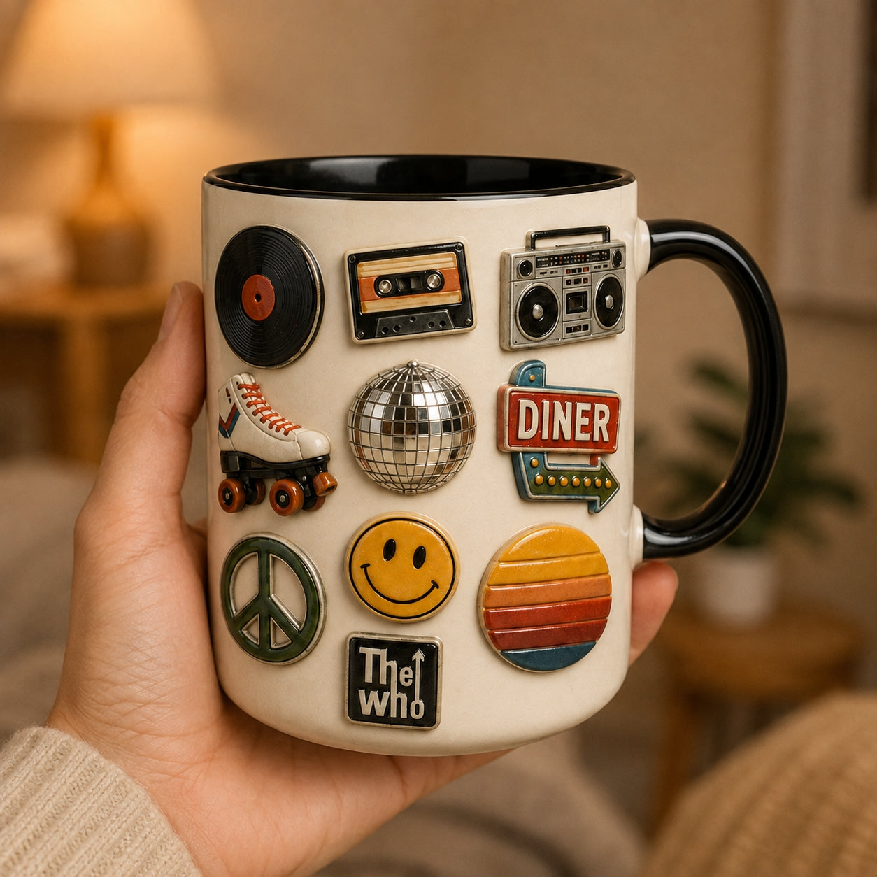 Retro Classic Rock & Nostalgia Ceramic Mug – Vintage Band Pins & Pop Culture Fan Gift