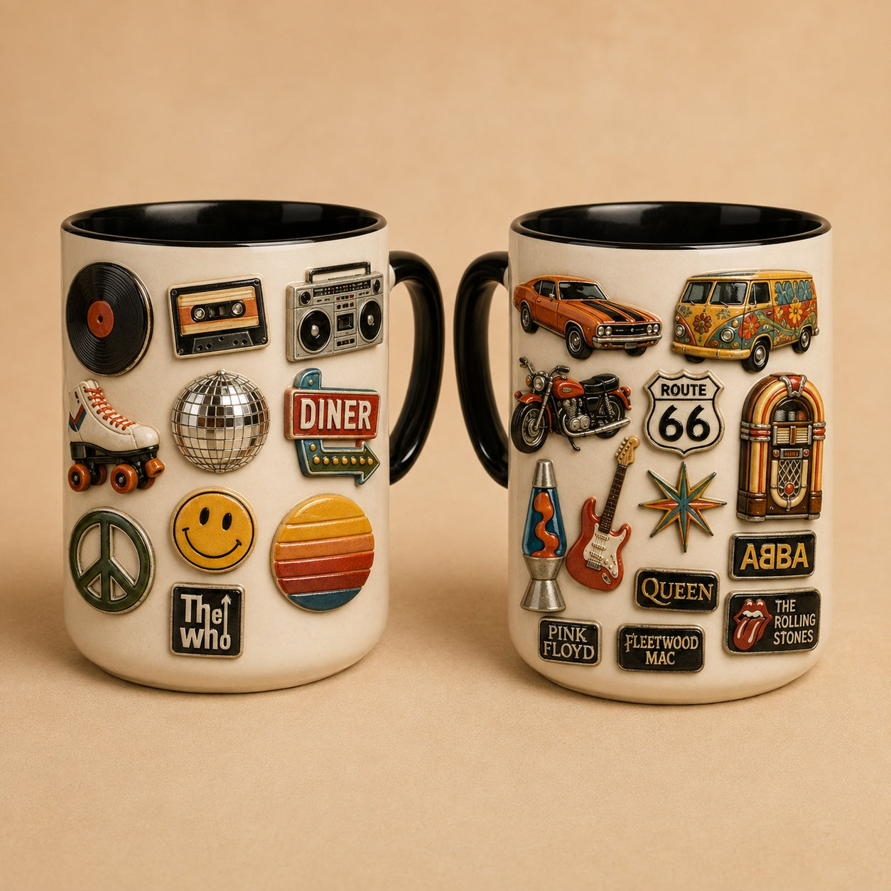 Retro Classic Rock & Nostalgia Ceramic Mug – Vintage Band Pins & Pop Culture Fan Gift