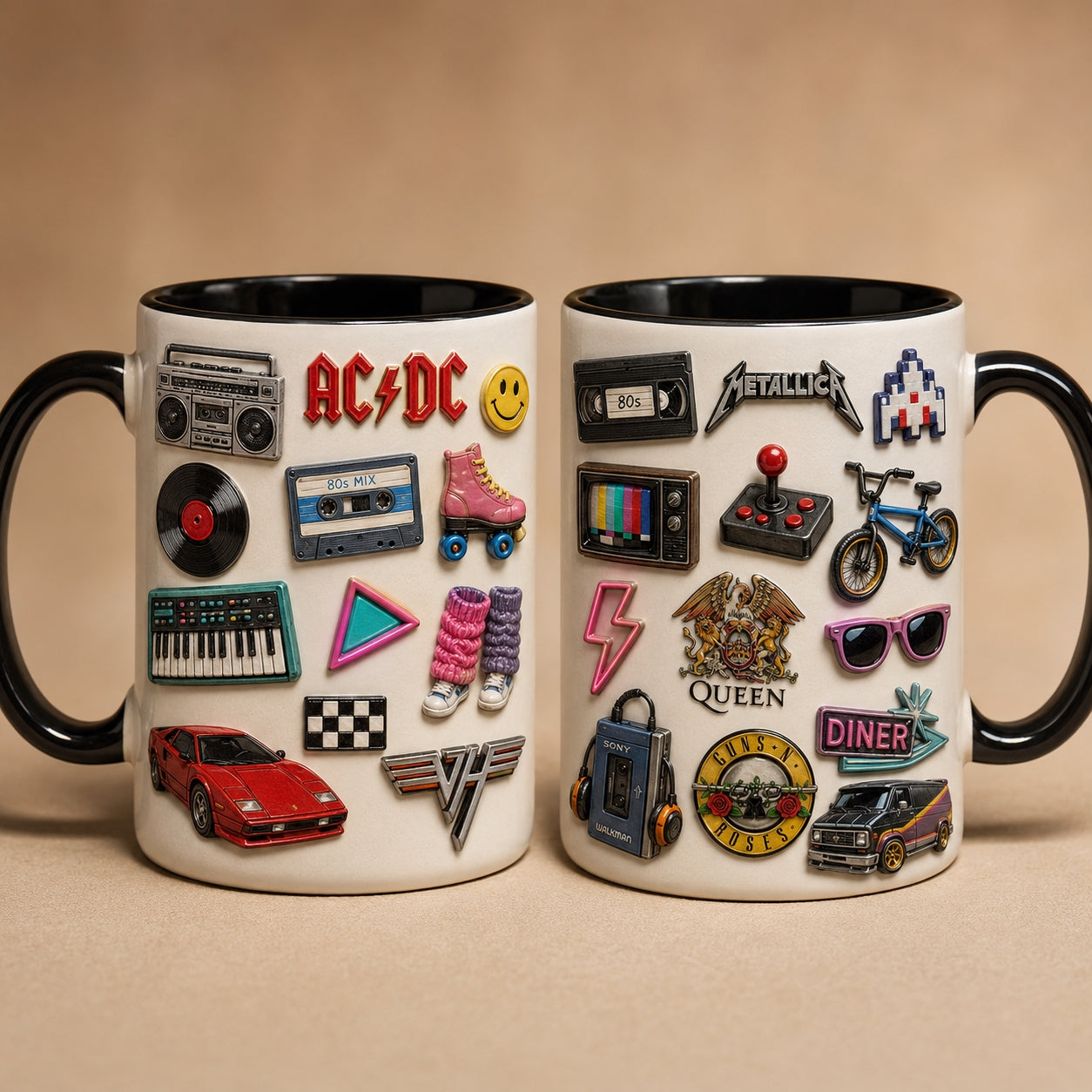 80s Retro Vintage Pins Mug – 1980s Pop Culture Enamel Badge Coffee Cup
