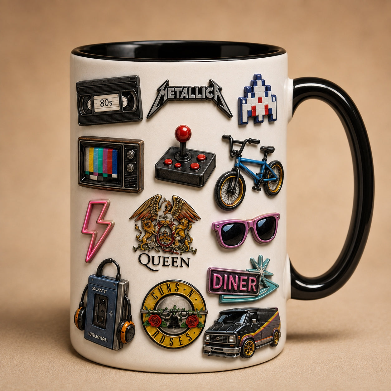80s Retro Vintage Pins Mug – 1980s Pop Culture Enamel Badge Coffee Cup