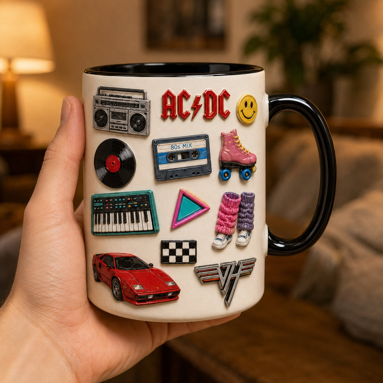 80s Retro Vintage Pins Mug – 1980s Pop Culture Enamel Badge Coffee Cup
