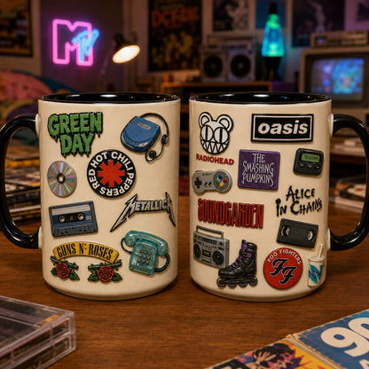 90s Retro Vintage Pins Mug – 1990s Pop Culture & Alt Rock Enamel Badge Coffee Cup