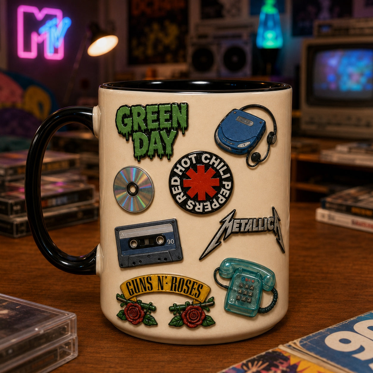 90s Retro Vintage Pins Mug – 1990s Pop Culture & Alt Rock Enamel Badge Coffee Cup