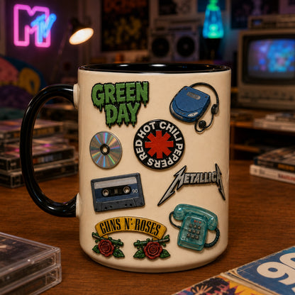 90s Retro Vintage Pins Mug – 1990s Pop Culture & Alt Rock Enamel Badge Coffee Cup