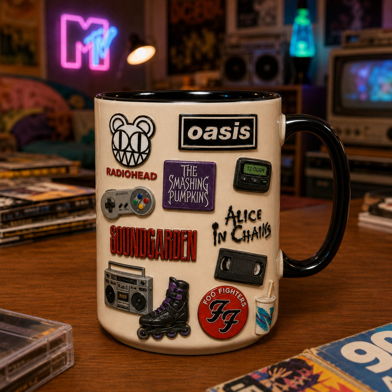 90s Retro Vintage Pins Mug – 1990s Pop Culture & Alt Rock Enamel Badge Coffee Cup