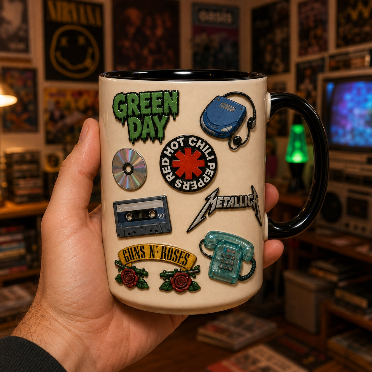90s Retro Vintage Pins Mug – 1990s Pop Culture & Alt Rock Enamel Badge Coffee Cup