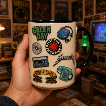 90s Retro Vintage Pins Mug – 1990s Pop Culture & Alt Rock Enamel Badge Coffee Cup