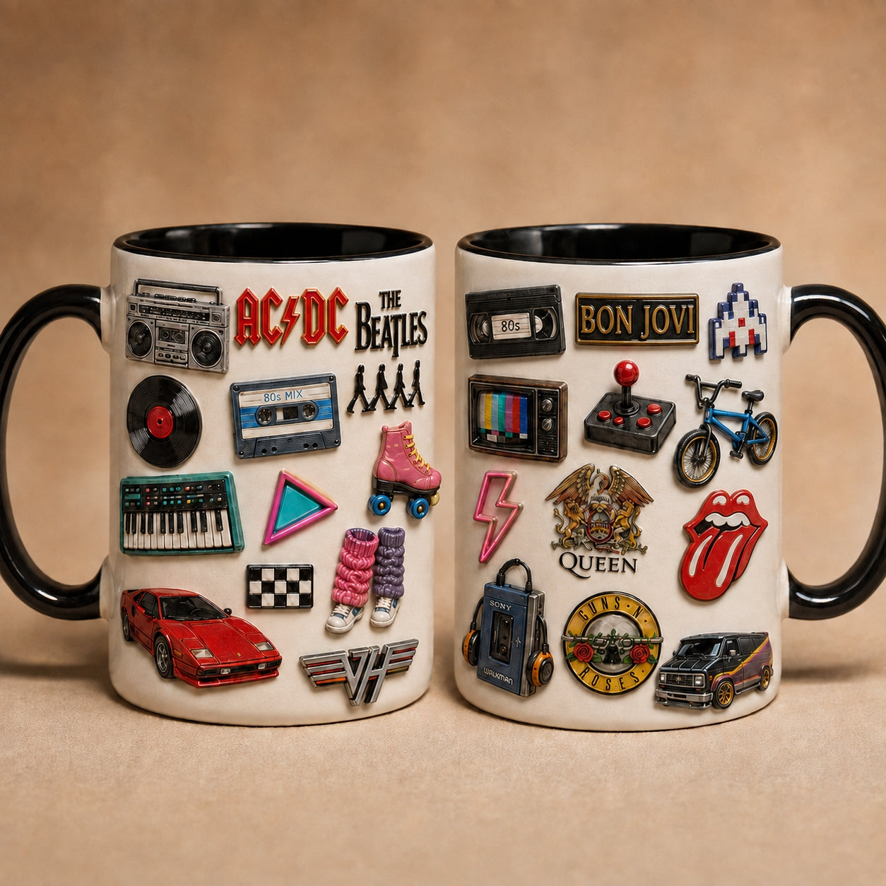 Retro 90s Grunge & Alt Rock Ceramic Mug – Vintage Band Pins Discman Fan Gift