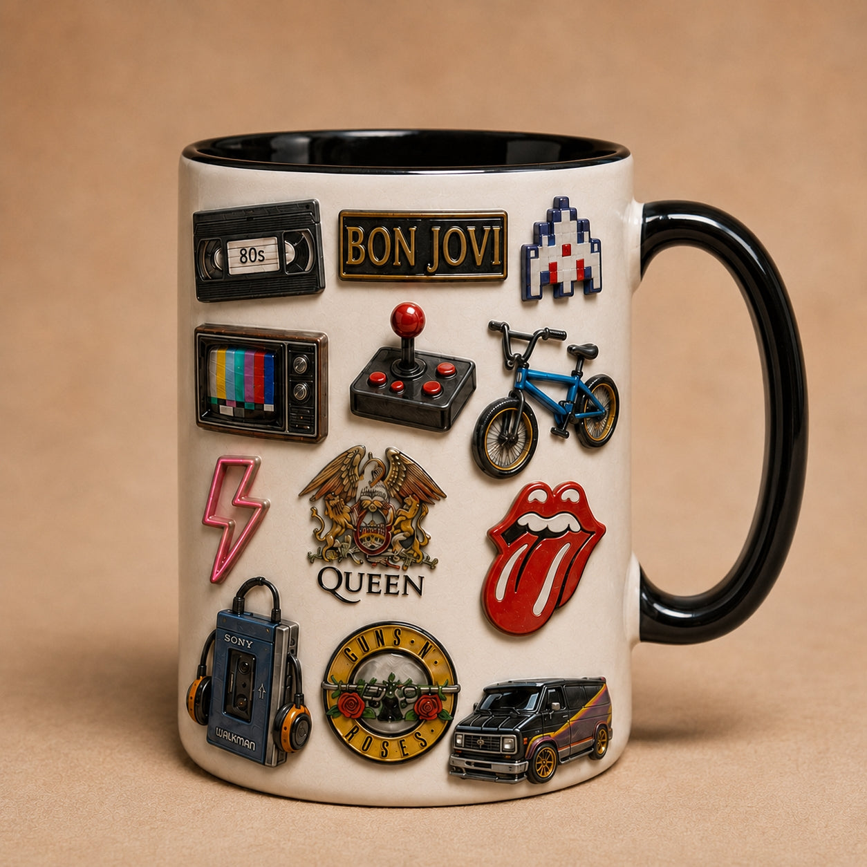 Retro 90s Grunge & Alt Rock Ceramic Mug – Vintage Band Pins Discman Fan Gift