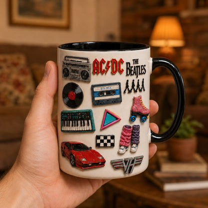 Retro 90s Grunge & Alt Rock Ceramic Mug – Vintage Band Pins Discman Fan Gift