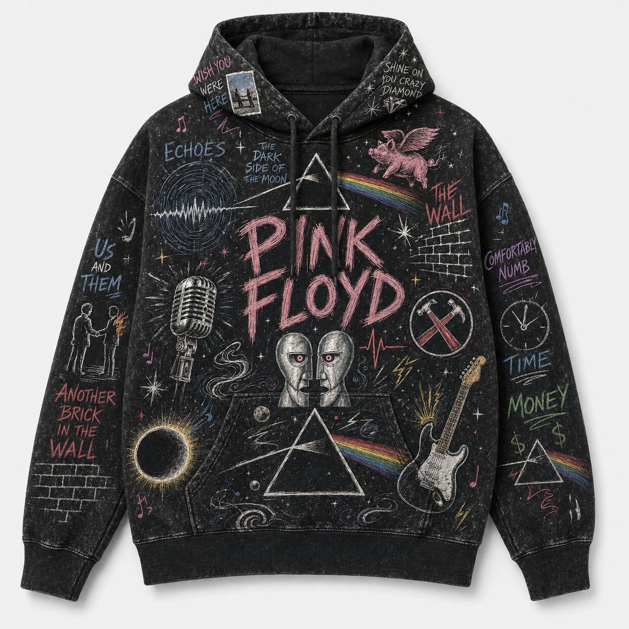 Pink Floyd Hoodie, Vintage Pink Floyd Pullover Hoodie, Chalk Art Rock Band Sweatshirt, Dark Side of the Moon Hoodie, Classic Rock Fan Gift