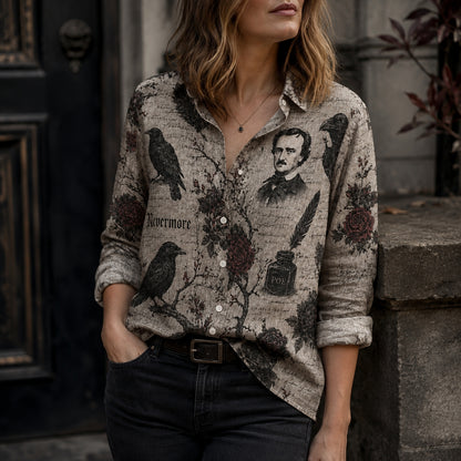 Edgar Allan Poe Raven Button Up Shirt, Gothic Vintage Raven Shirt, Nevermore Literary Shirt, Poe Inspired Halloween Shirt, Unisex Gothic Gift