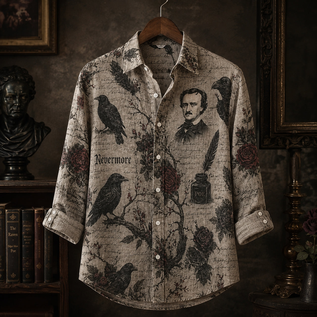 Edgar Allan Poe Raven Button Up Shirt, Gothic Vintage Raven Shirt, Nevermore Literary Shirt, Poe Inspired Halloween Shirt, Unisex Gothic Gift