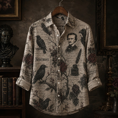 Edgar Allan Poe Raven Button Up Shirt, Gothic Vintage Raven Shirt, Nevermore Literary Shirt, Poe Inspired Halloween Shirt, Unisex Gothic Gift