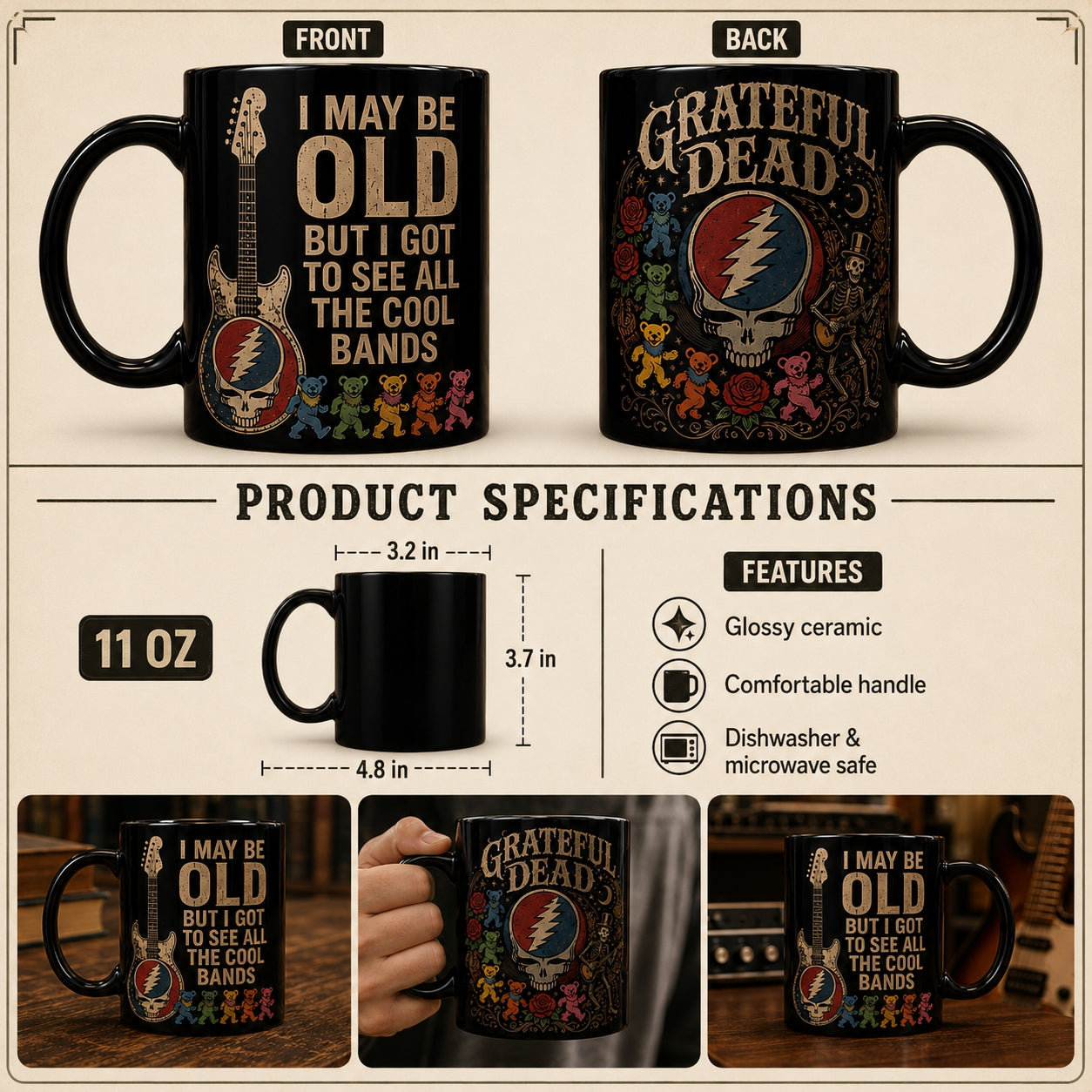 Grateful Dead Ceramic Mug – Vintage Steal Your Face Stealie Dancing Bears Coffee Cup