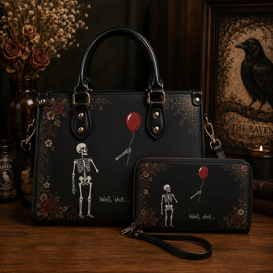 Gothic Skeleton Handbag & Wallet Set – Funny Red Balloon Purse, Dark Floral Halloween Bag, Spooky Gift for Her
