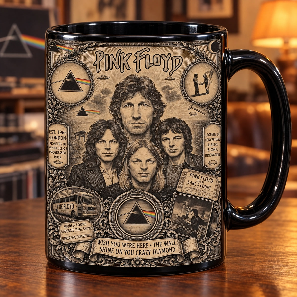 Pink Floyd Vintage Band Tribute Coffee Mug – Dark Side of the Moon Prism Ceramic Cup