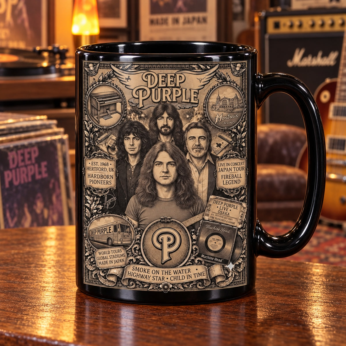 Deep Purple Vintage Band Tribute Coffee Mug – Smoke On The Water Machine Head Ceramic Cup