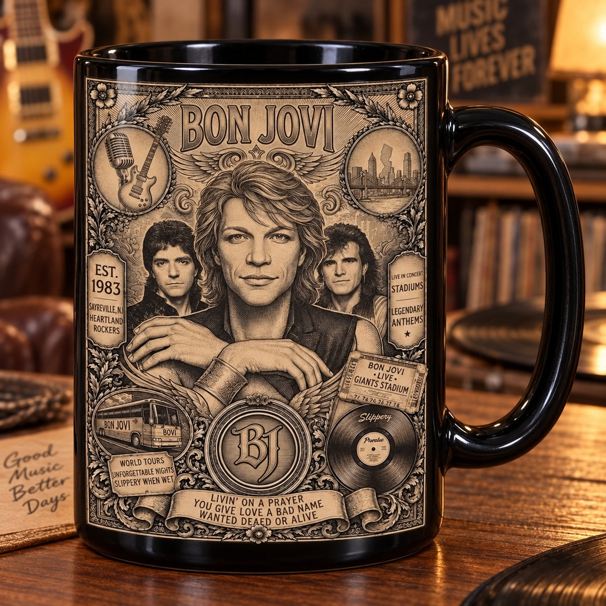 Bon Jovi Vintage Band Tribute Coffee Mug – Livin' On A Prayer Slippery When Wet Ceramic Cup