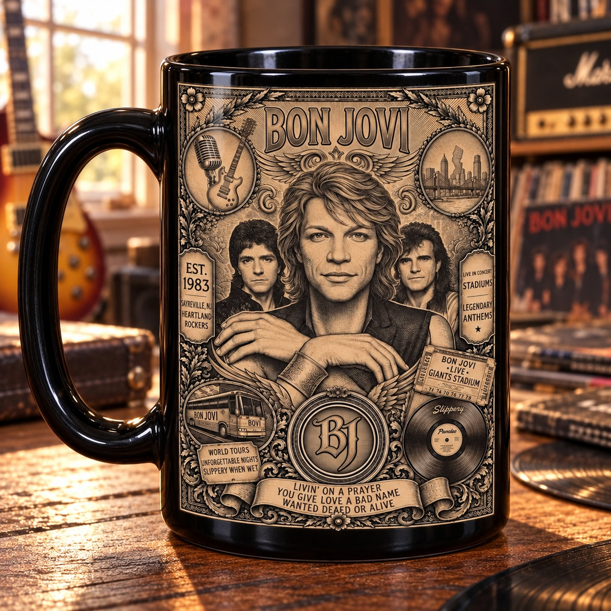 Bon Jovi Vintage Band Tribute Coffee Mug – Livin' On A Prayer Slippery When Wet Ceramic Cup