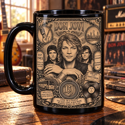 Bon Jovi Vintage Band Tribute Coffee Mug – Livin' On A Prayer Slippery When Wet Ceramic Cup