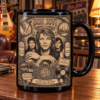 Bon Jovi Vintage Band Tribute Coffee Mug – Livin' On A Prayer Slippery When Wet Ceramic Cup