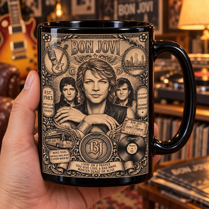 Bon Jovi Vintage Band Tribute Coffee Mug – Livin' On A Prayer Slippery When Wet Ceramic Cup
