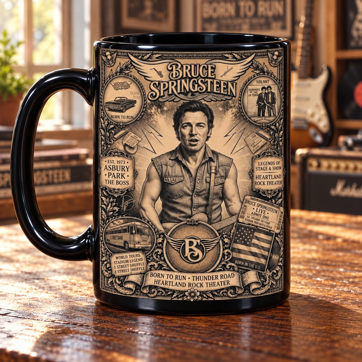 Bruce Springsteen Vintage Tribute Coffee Mug – The Boss Born To Run Asbury Park Ceramic Cup