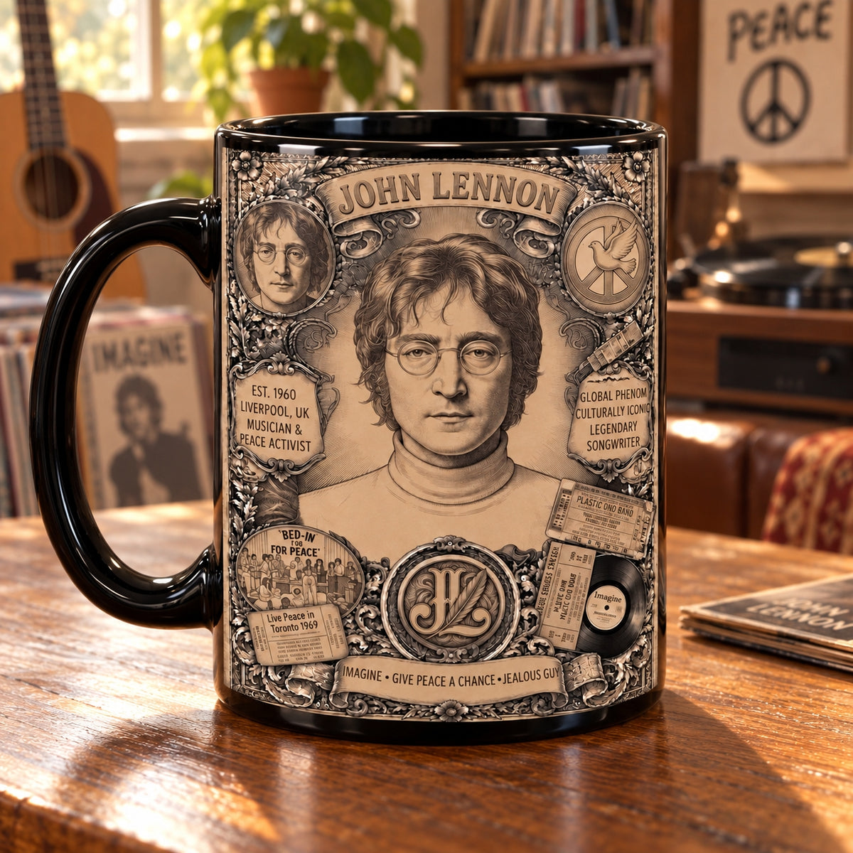 John Lennon Vintage Tribute Coffee Mug – Imagine Bed-In For Peace Ceramic Cup