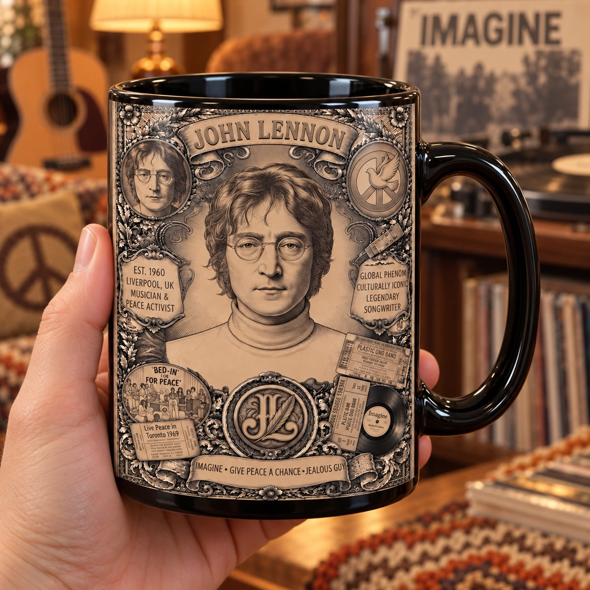 John Lennon Vintage Tribute Coffee Mug – Imagine Bed-In For Peace Ceramic Cup
