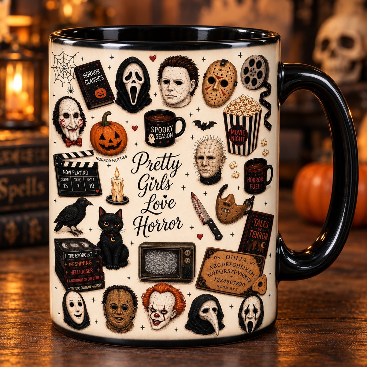 Pretty Girls Love Horror Coffee Mug – Slasher Movie Villains Halloween Ceramic Cup